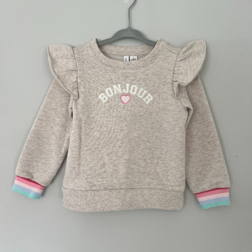 Janie and Jack Bonjour Ruffle Shoulder Sweatshirt oatmeal 3T